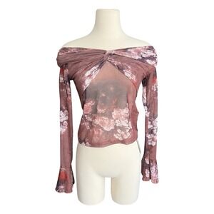 NWT Dazy Floral Mesh Top Whimsigoth Twist Front Bell Sleeve Size L (S/M)